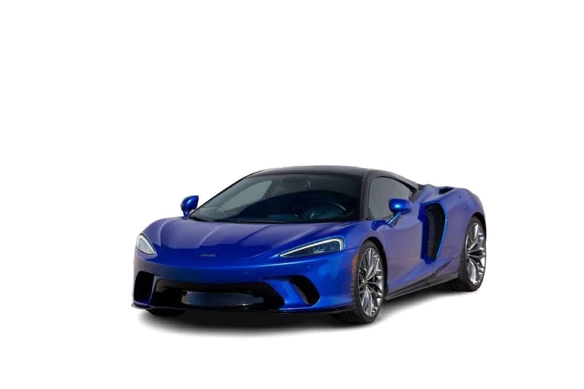 Blue McLaren GT Half side front view